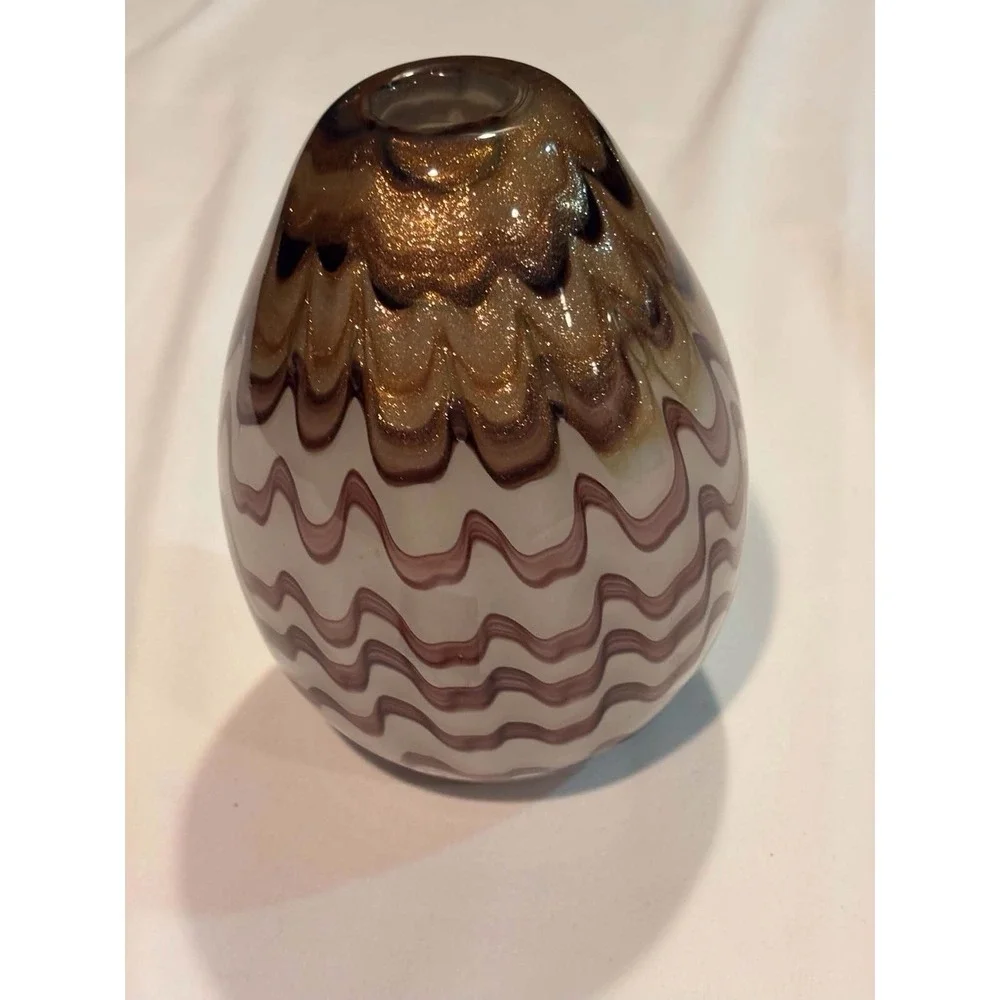 Dale Tiffany Favrile Hand Blown Art Glass Vase Brown Gold Iridescent Swirl Tag